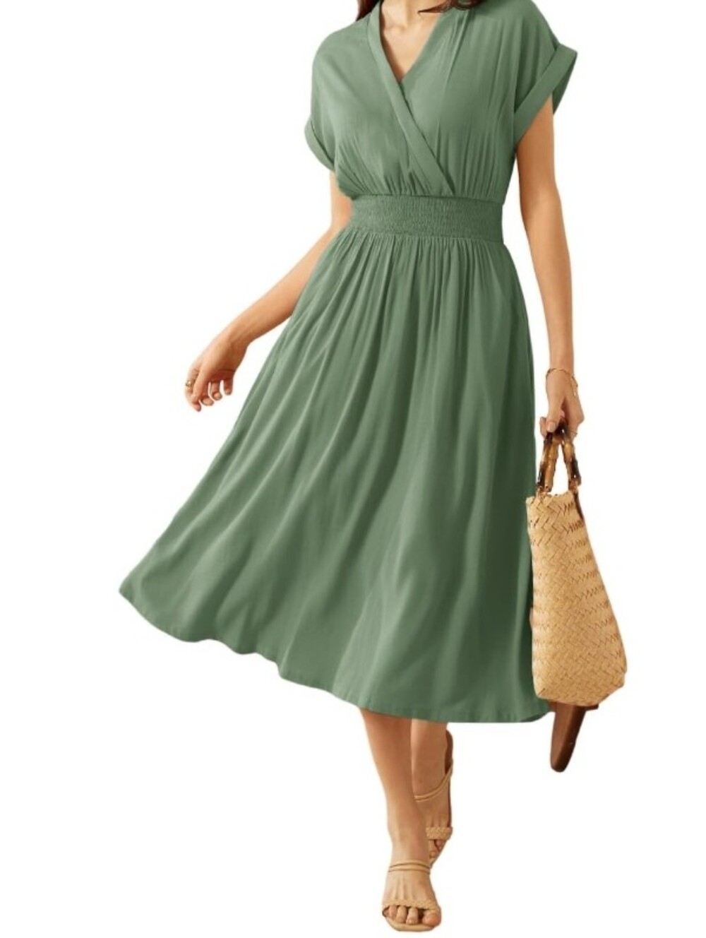 Grace Karin Lightweight Olive Green Women's Dress - Classic V-Neck Style